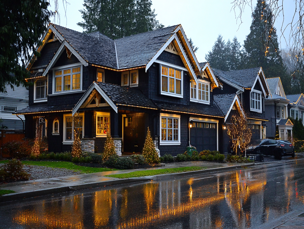 Professional Richmond Christmas lighting services offering residential LED holiday lighting, commercial festive décor contractors Richmond BC, roof holiday lighting installation, patio string lights, backyard Christmas lighting, driveway festive lighting displays.