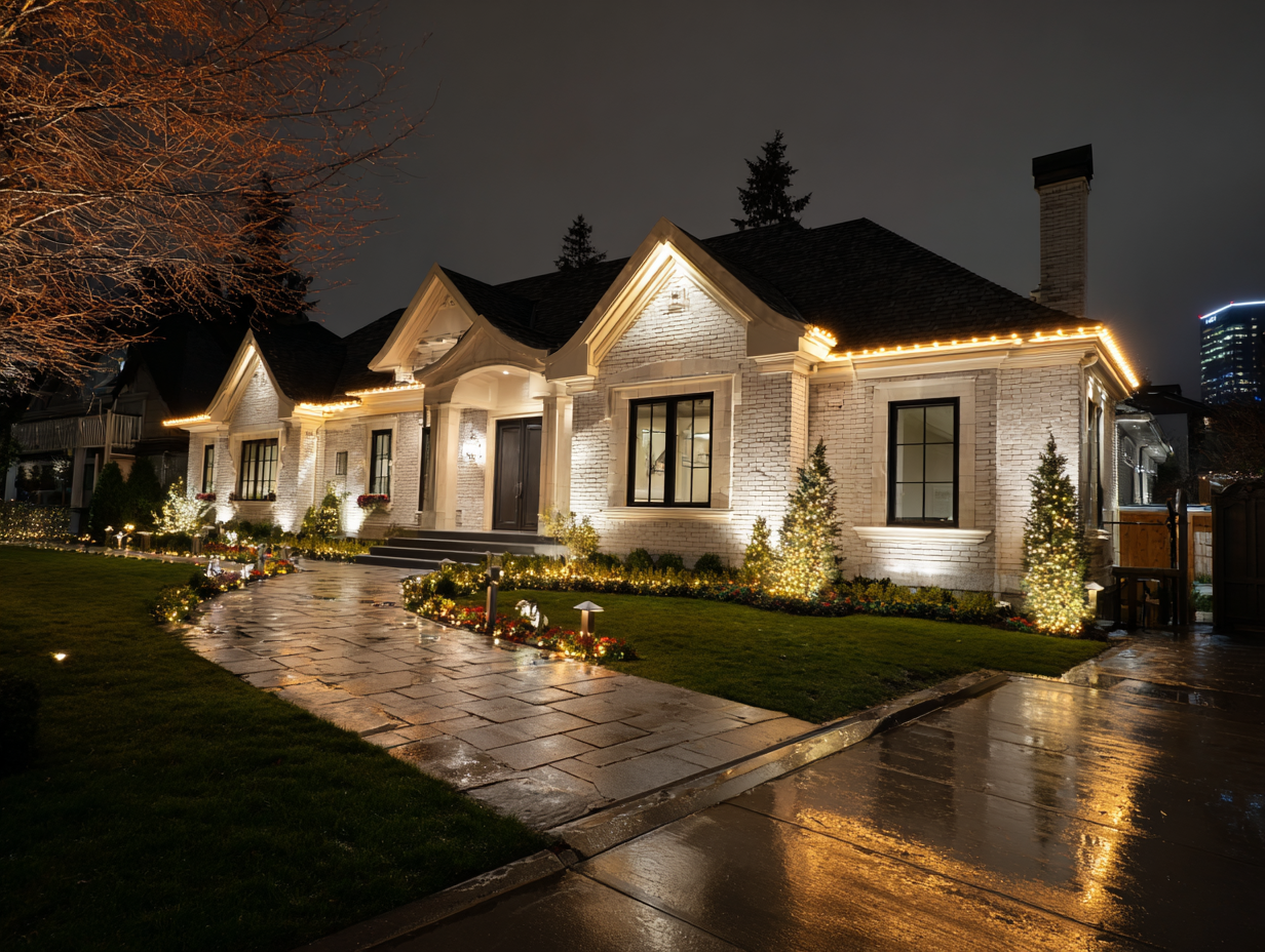Richmond Christmas lighting installers with residential outdoor décor lighting, commercial festive lighting Richmond BC, LED roof holiday lights, patio string holiday lighting, backyard Christmas décor, driveway holiday lighting installation Richmond, seasonal lighting services near me.