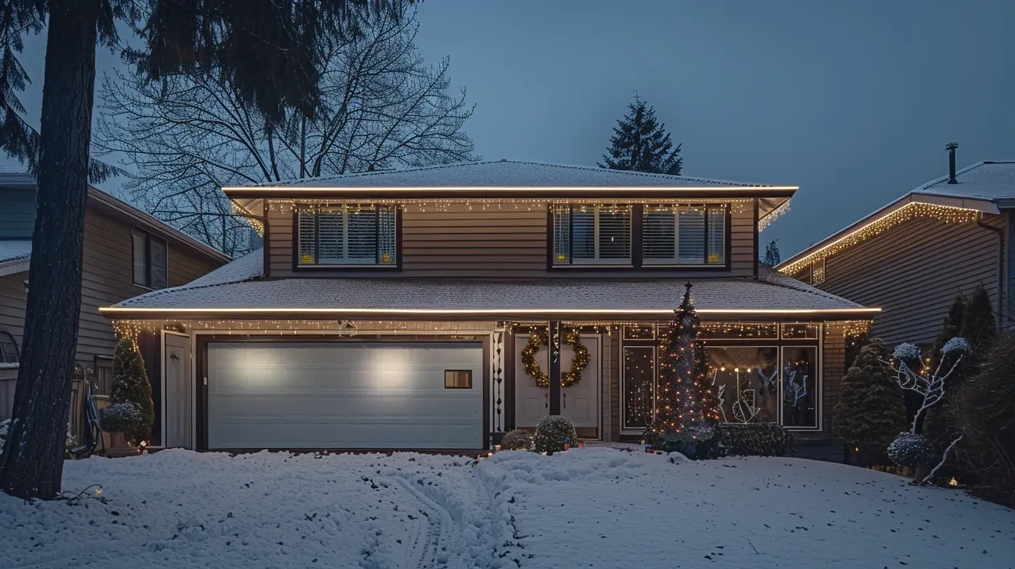 A vibrant, multi-color display of Christmas and holiday lighting in Richmond BC. Our seasonal lighting can be fun and festive with RGB LEDs. Keywords: RGB lighting, multi-color lights, fun design.