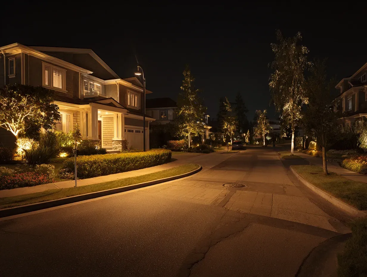 This strata complex in Richmond BC features uniform pathway lighting for resident safety. Our path lighting services are perfect for property managers. Keywords: strata lighting, resident safety, property management.
