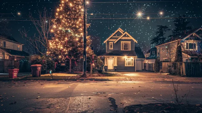 This bistro string light installation by our Richmond landscape lighting team transforms a restaurant patio in Steveston Fisherman's Wharf. Our outdoor lighting Richmond BC services are perfect for hospitality. Keywords: bistro lighting, string lights, patio lights, commercial.