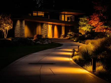 This beautiful pathway lighting is the result of our professional landscape lighting services in Richmond BC. Our outdoor lighting services for walkways enhance safety and beauty. For path and garden lighting services, call our team. Keywords: path lighting, walkway safety, installation services.