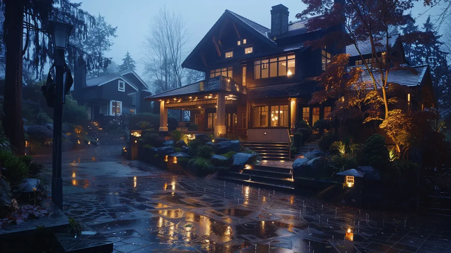 Bright and effective safety lighting in Richmond BC illuminates a dark driveway in a Steveston home. Our security lighting improves visibility and deters intruders. Keywords: security lighting, driveway safety, exterior protection.