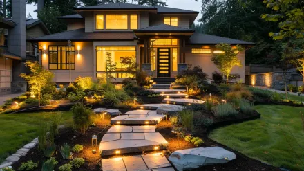 This Richmond landscape lighting system features integrated step and deck lights for safety. Our outdoor lighting Richmond BC hardscape solutions are seamless. Expert garden lighting for any Terra Nova patio. Keywords: deck lighting, step lights, hardscape illumination, safety.