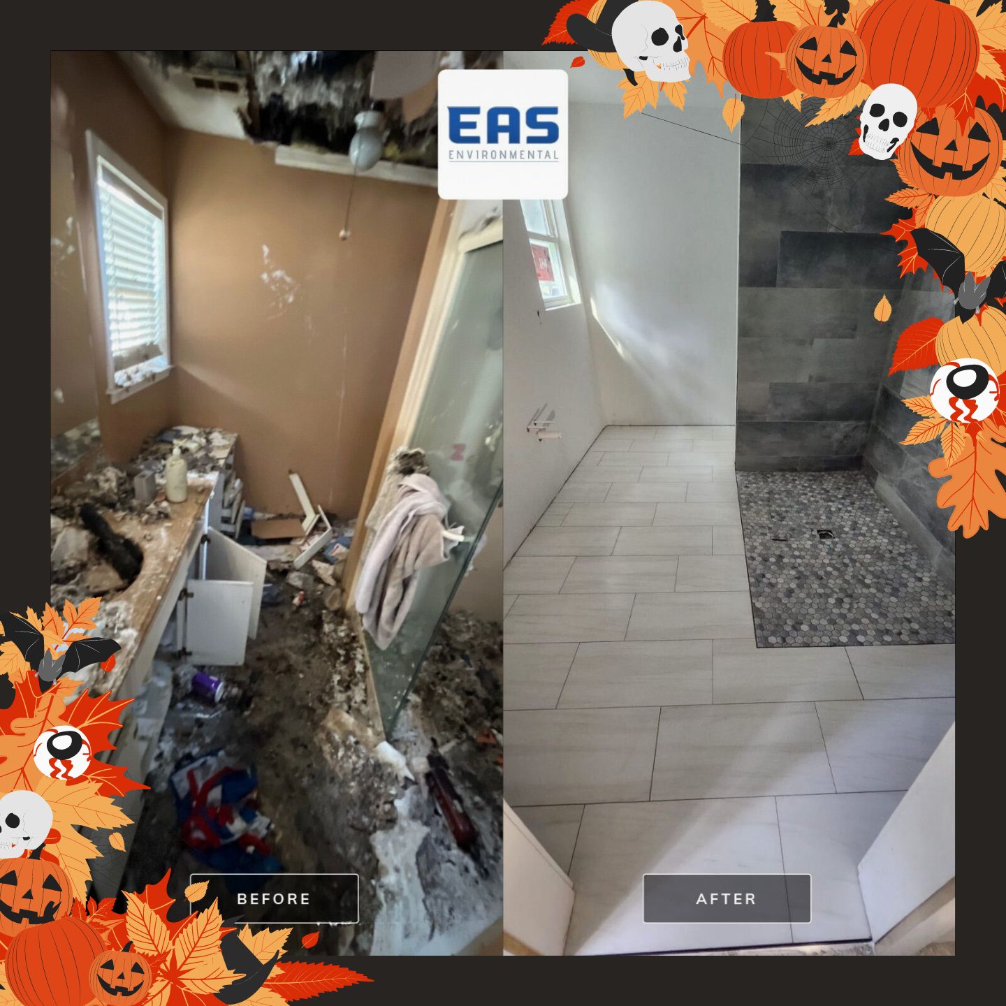 Before and after fire restoration halloween-themed.