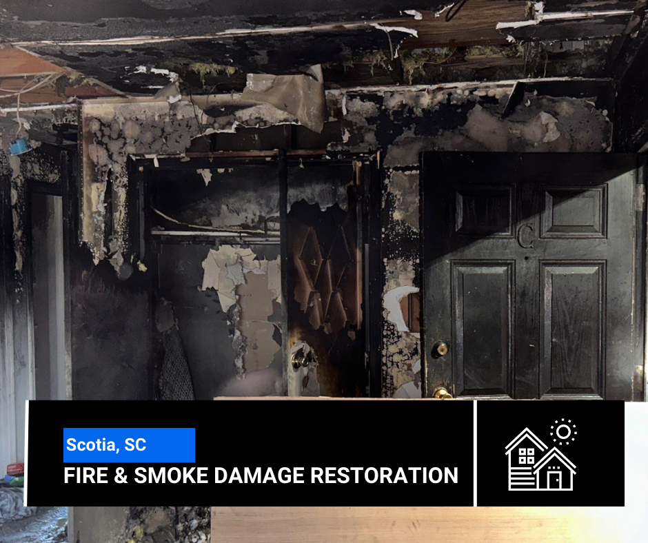 Fire and smoke damage in Scotia, SC. Charred doorway and walls with peeling paint.