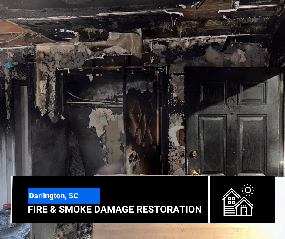 Fire damage to a doorway and walls in Latta, SC. Blackened surfaces with peeling paint; Fire & Smoke Damage Restoration logo.
