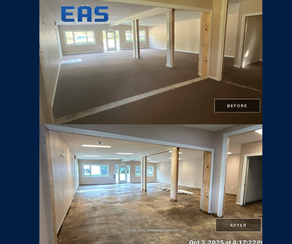 Workers in safety gear on a roof removing material with abatement equipment; urban setting with buildings in background.