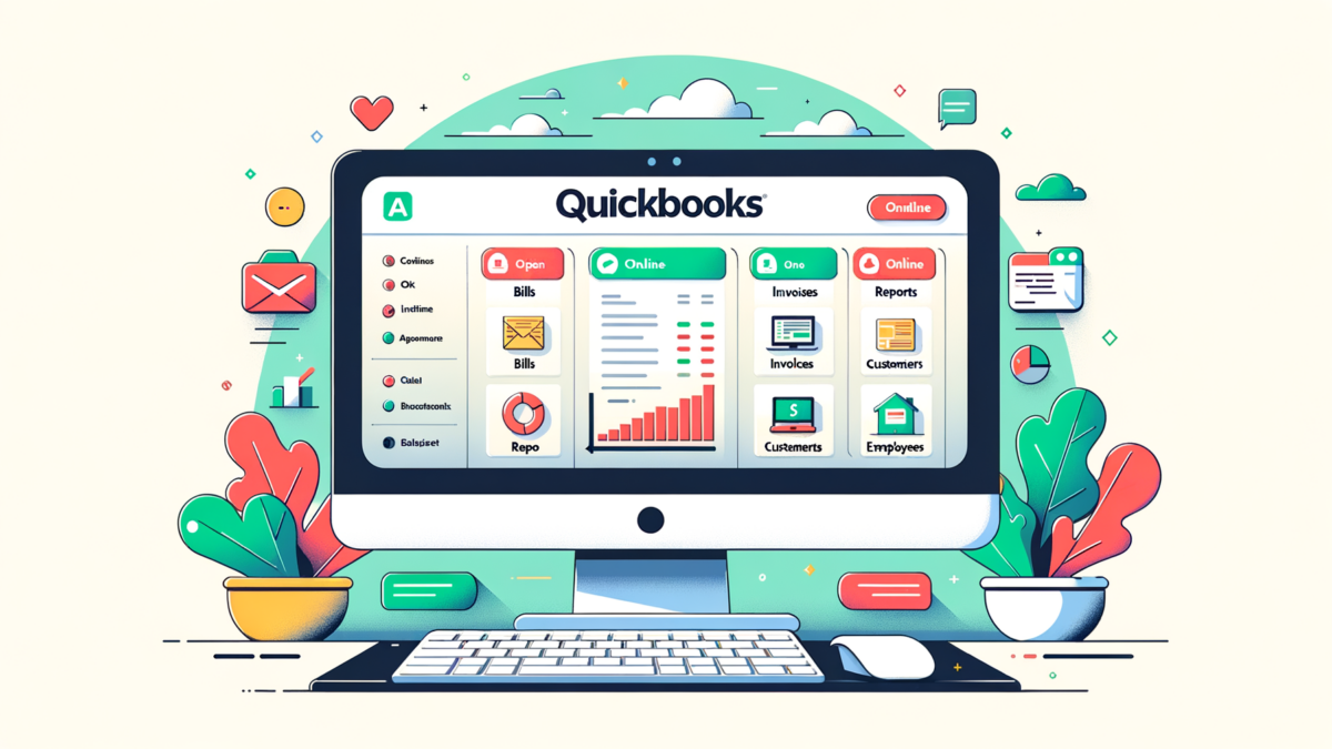An illustration of a computer with a quickbooks dashboard on the screen.
