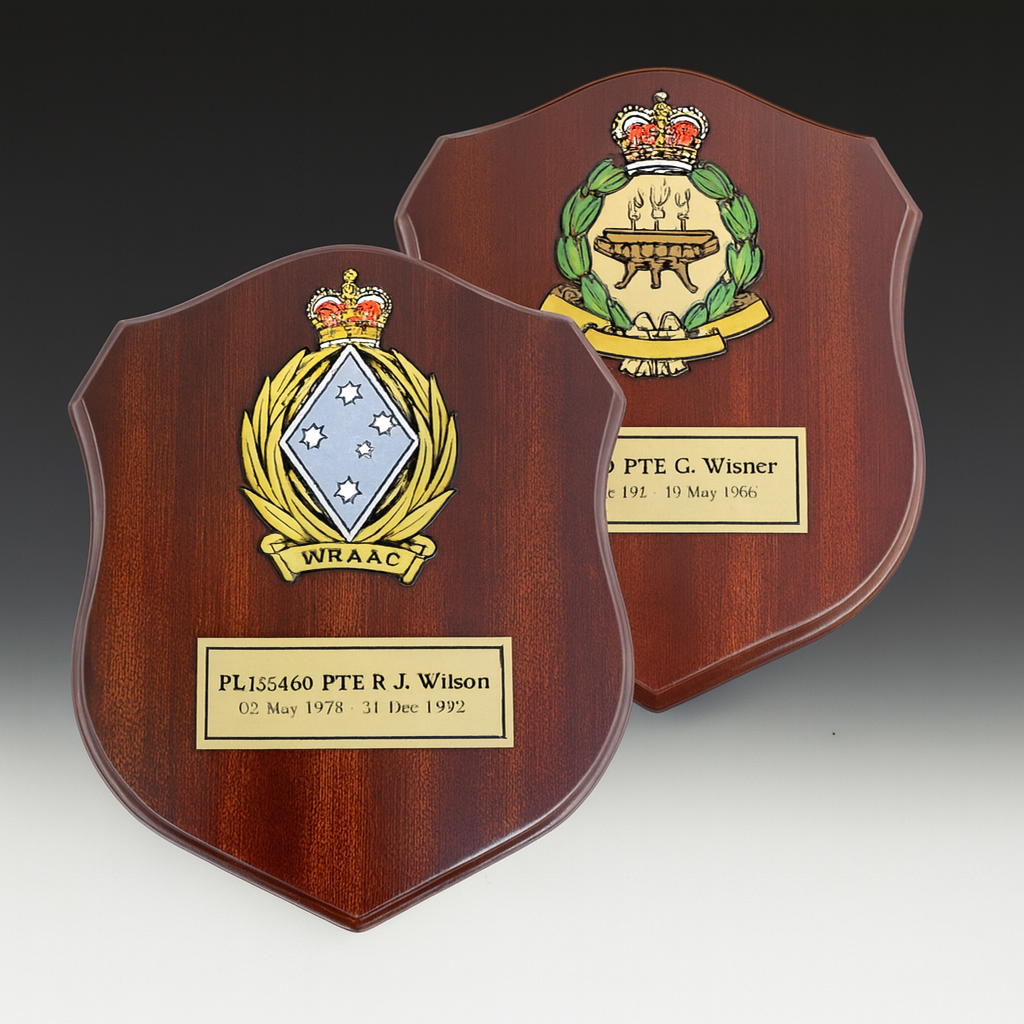 Two Polished Wooden Military Plaques