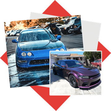photo collage of a purple car and man washing blue car