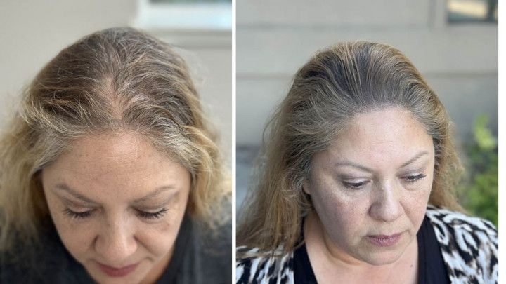 a before and after photo of a woman's hair .