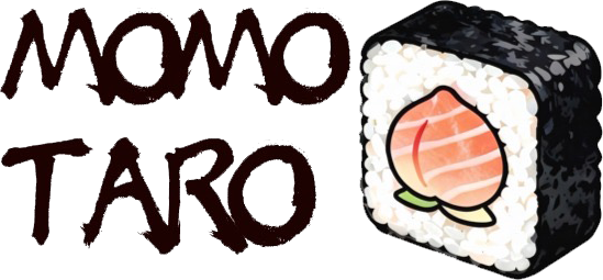 The text "MOMOTARO" written in black, brush-style lettering next to a sushi roll featuring a peach-shaped center.