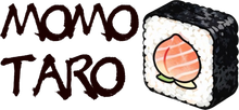 The text "MOMOTARO" written in black, brush-style lettering next to a sushi roll featuring a peach-shaped center.