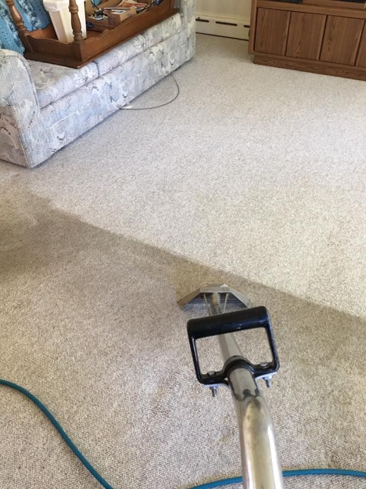 A vacuum cleaner is cleaning a carpet in a living room.