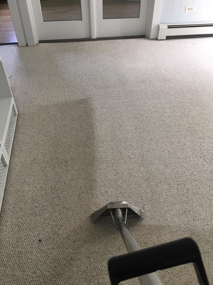 A vacuum cleaner is cleaning a carpet in a living room.
