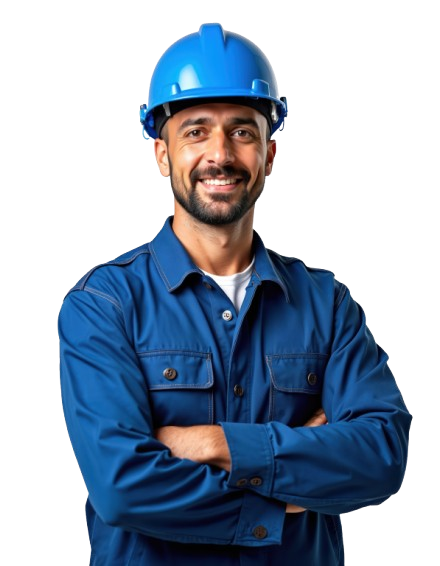 A man wearing a blue hard hat and overalls with his arms crossed