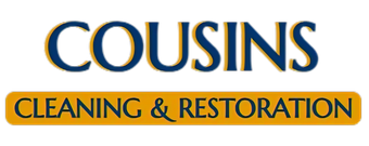 A blue and yellow logo for cousins cleaning and restoration