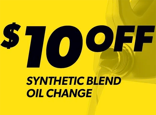 A yellow sign that says $ 10 off synthetic blend oil change