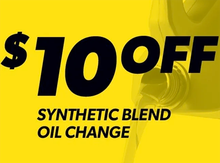 A yellow sign that says $ 10 off synthetic blend oil change