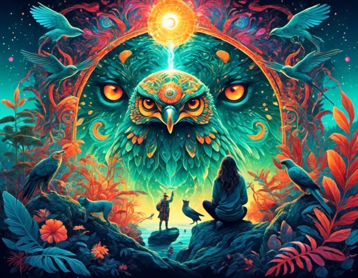 A colorful painting of a man and woman looking at an owl