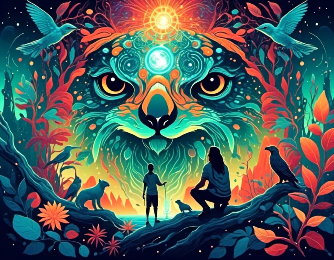 A colorful painting of a man and woman looking at an owl