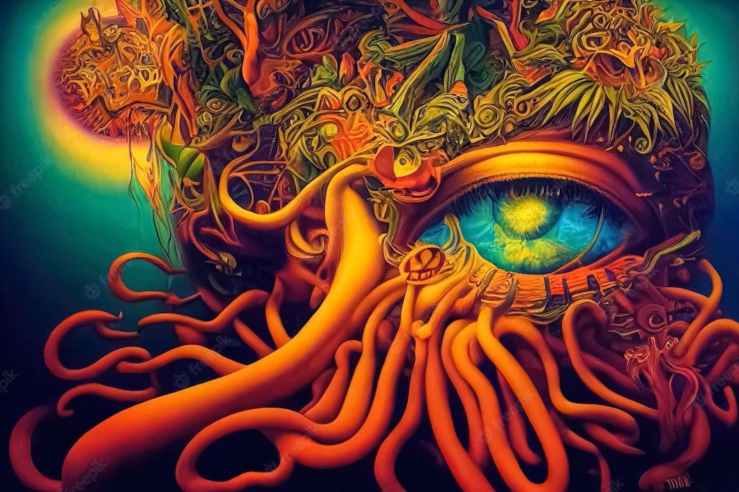 A colorful painting of a squid with a blue eye surrounded by tentacles.