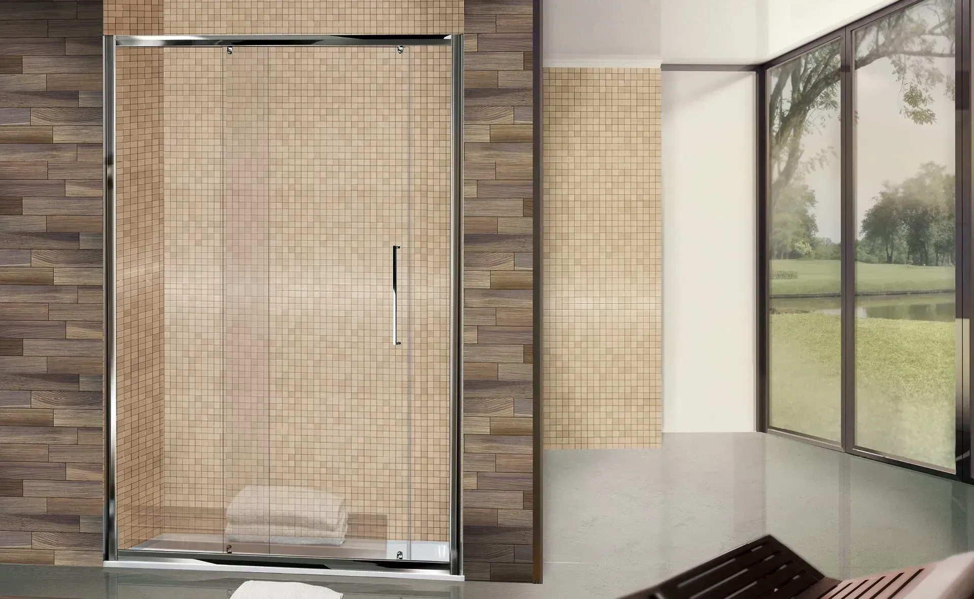 Porta doccia in vetro in un bagno moderno con pareti piastrellate marroni e una grande finestra.