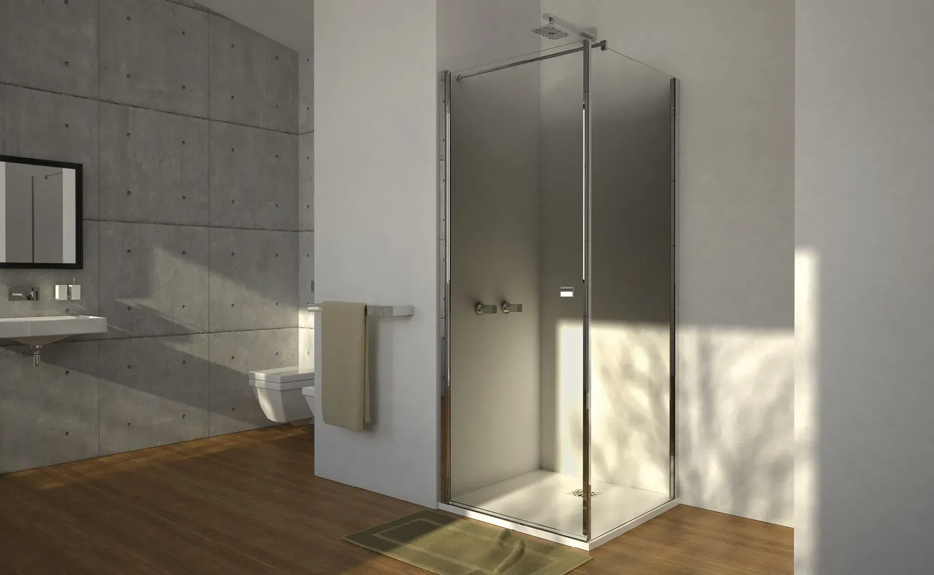 Bagno moderno con doccia in vetro, parete in cemento e pavimento in legno.