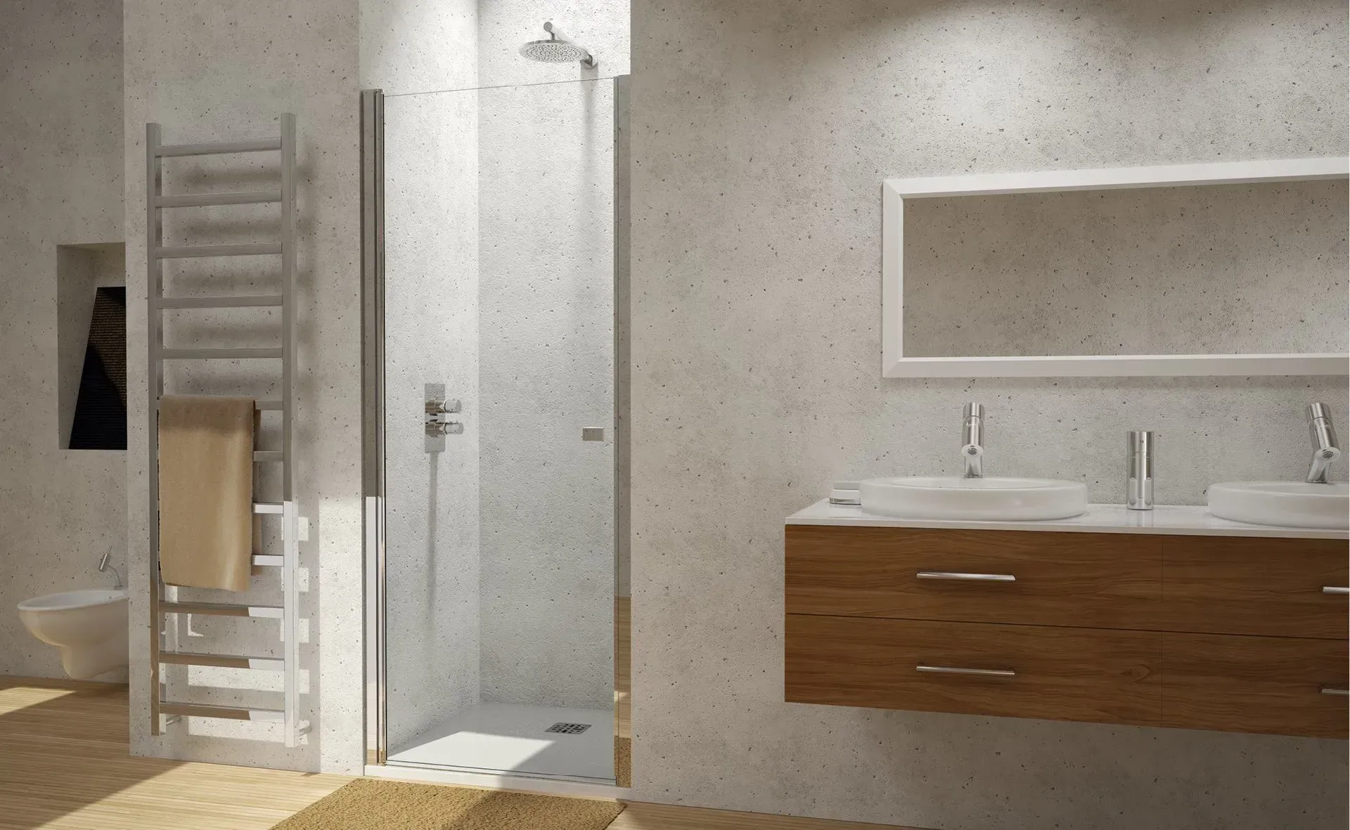 Bagno moderno con doccia, mobiletto con due lavandini