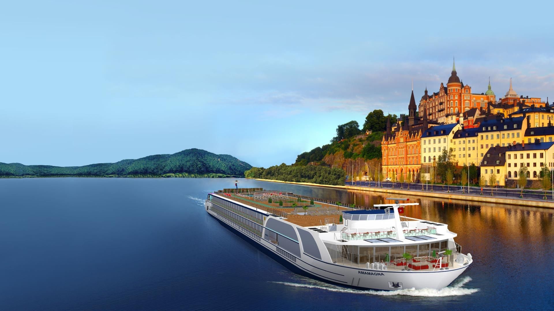 A large cruise ship is floating on top of a large body of water.