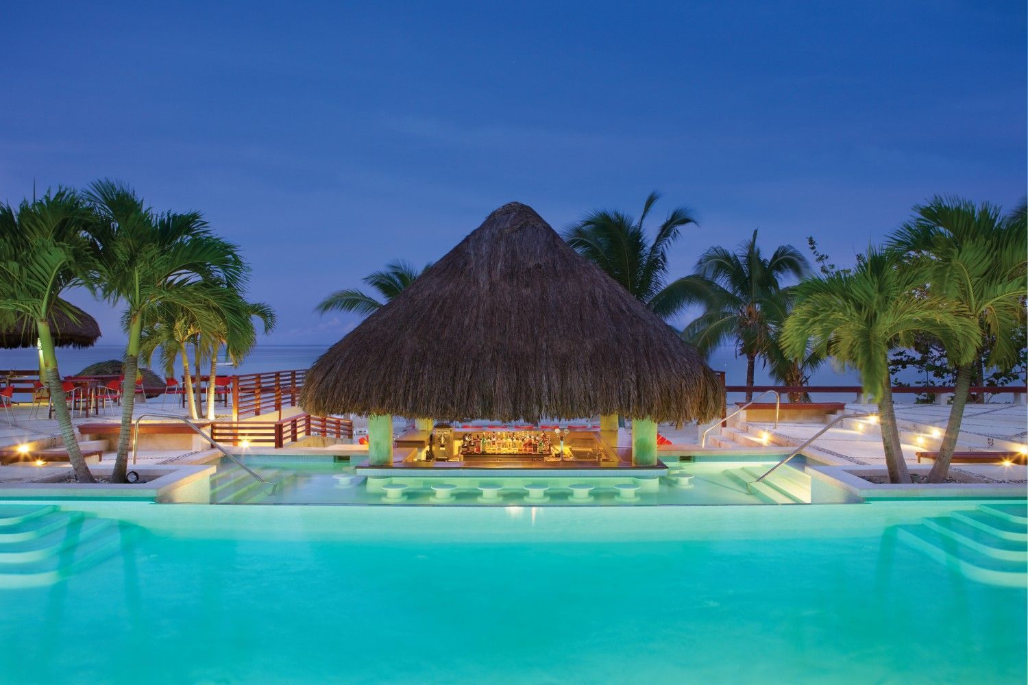 A large swimming pool surrounded by palm trees and a thatched hut.
