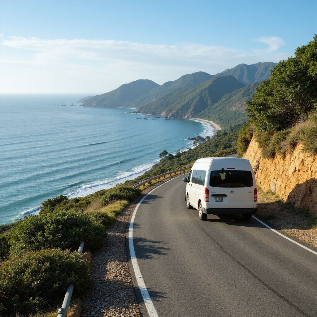Furgoneta blanca circulando por una carretera costera con vistas al océano y a las montañas.