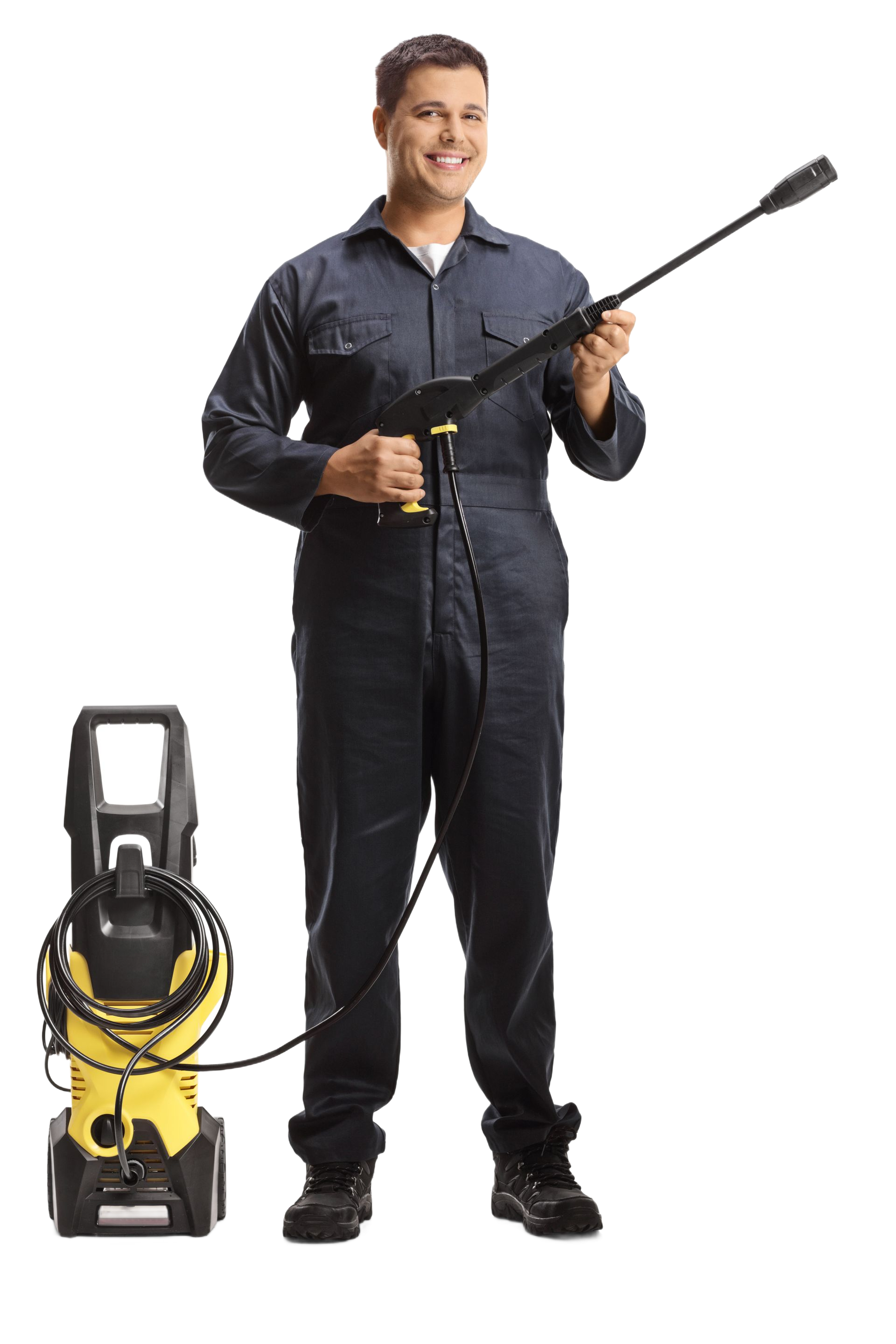 Man holding a black pressure washer wand beside a yellow pressure washer unit on a white background
