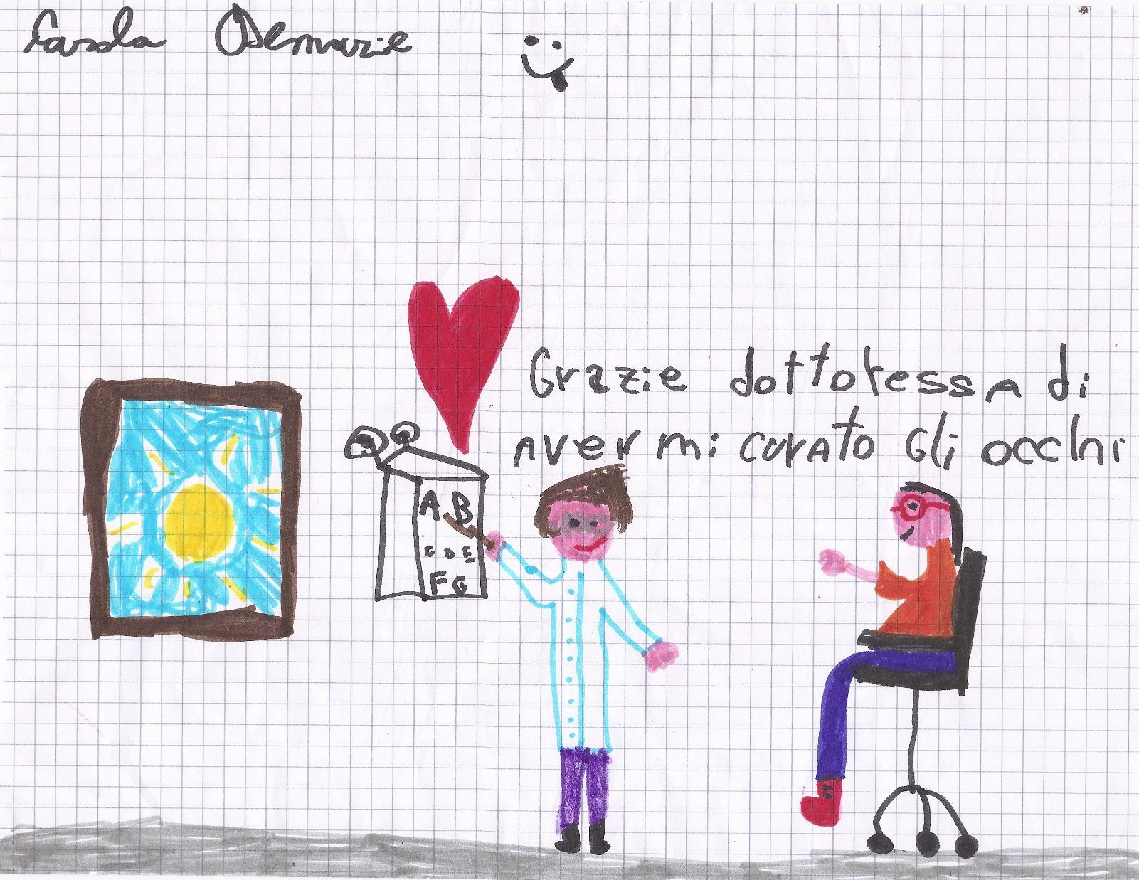 disegno di un bambino che ringrazia gli oculisti