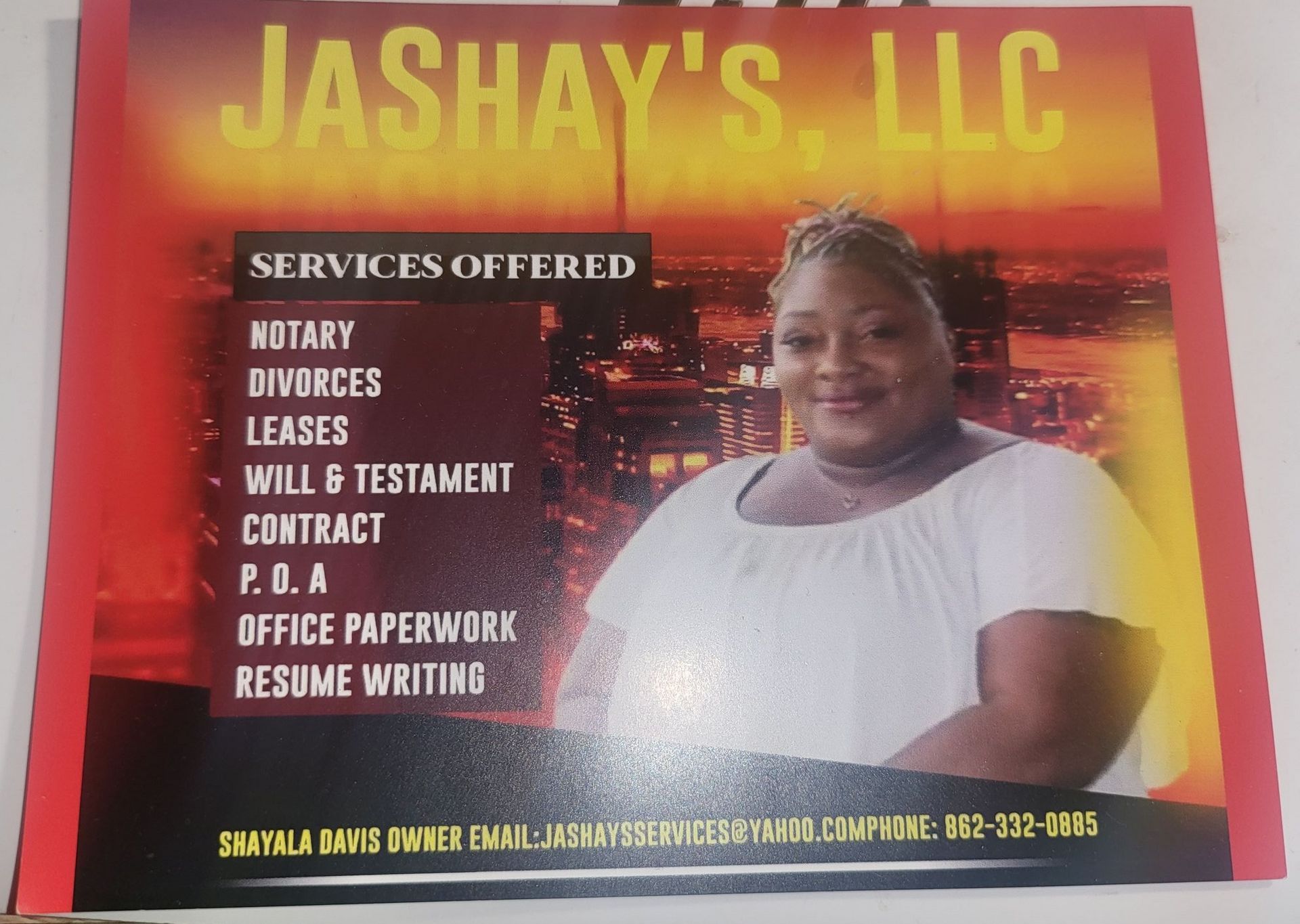 An advertisement for jashay 's llc with a woman on it