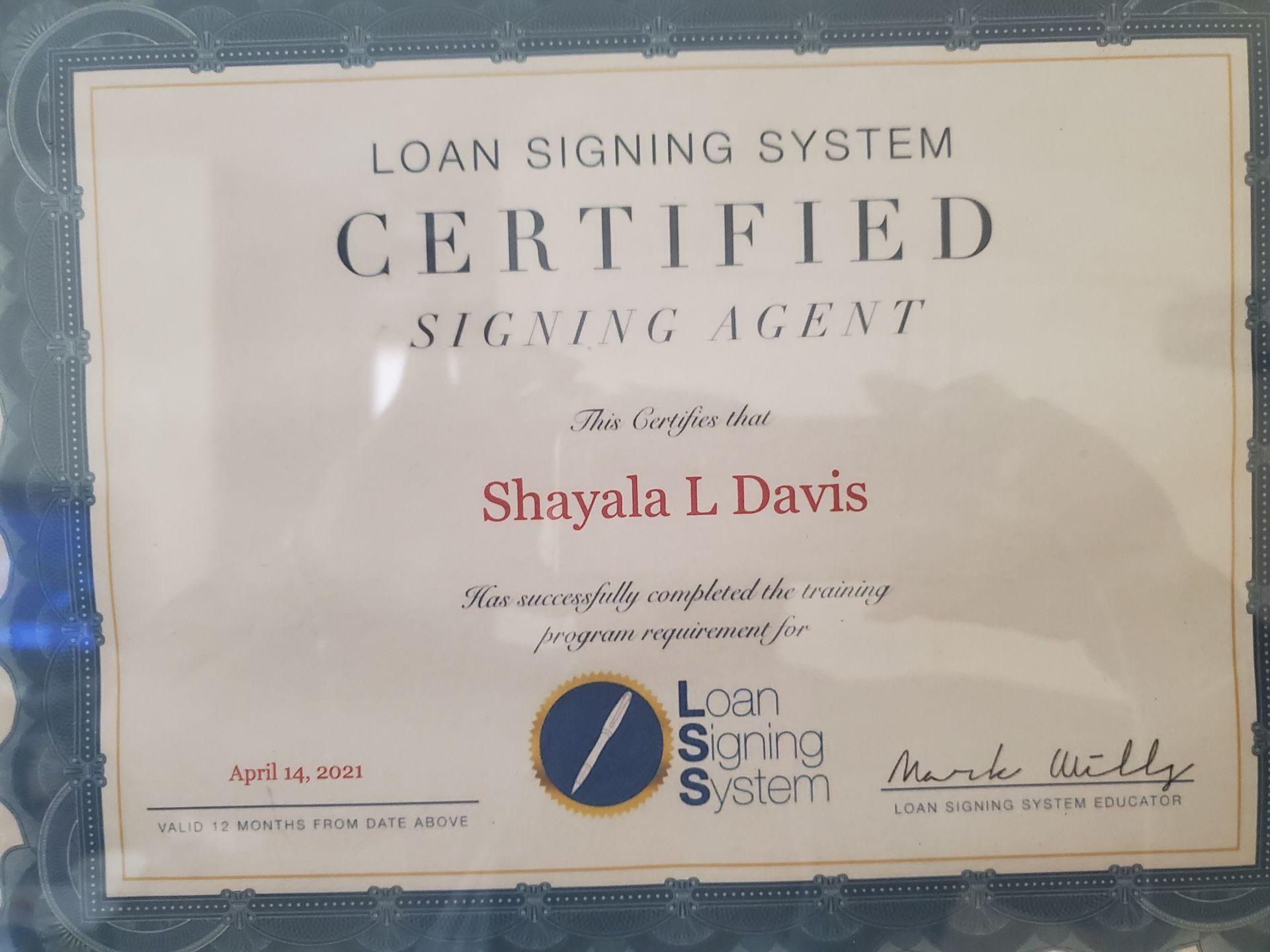A loan signing system certified signing agent certificate