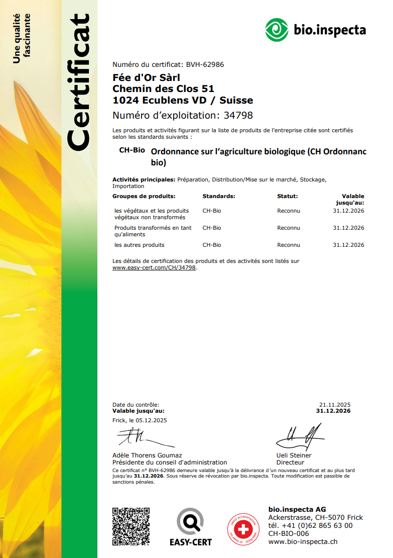 Certification biologique Bioinspecta pour une ferme suisse, listant les produits et les dates de validité.