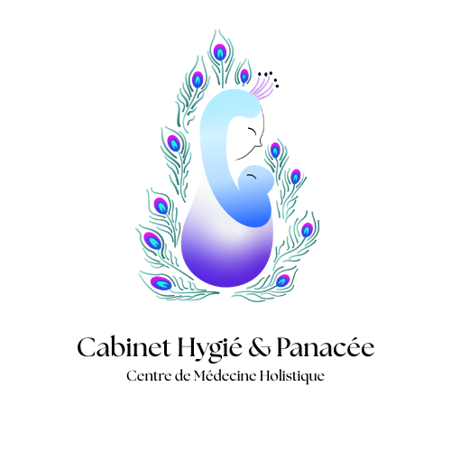 Logo : mère et enfant stylisés en plumes de paon. Dégradé violet, bleu et blanc. Texte : « Cabinet Hygié & Panacée ».