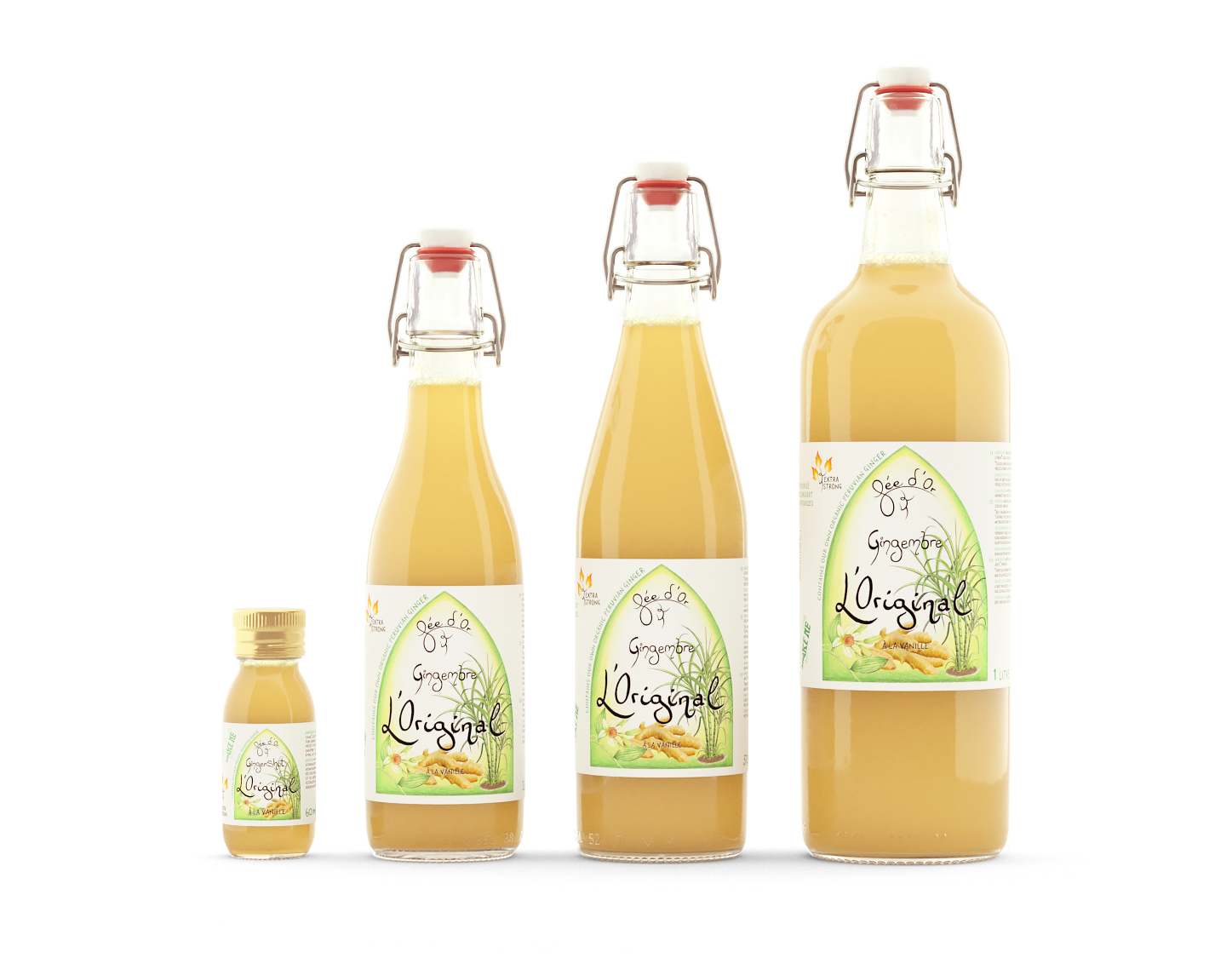 Quatre bouteilles d'élixir de gingembre et de curcuma de différentes tailles, avec couvercles à rabat et étiquettes.