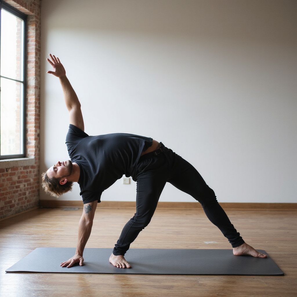Person in a yoga pose, reaching up with one arm, indoors.