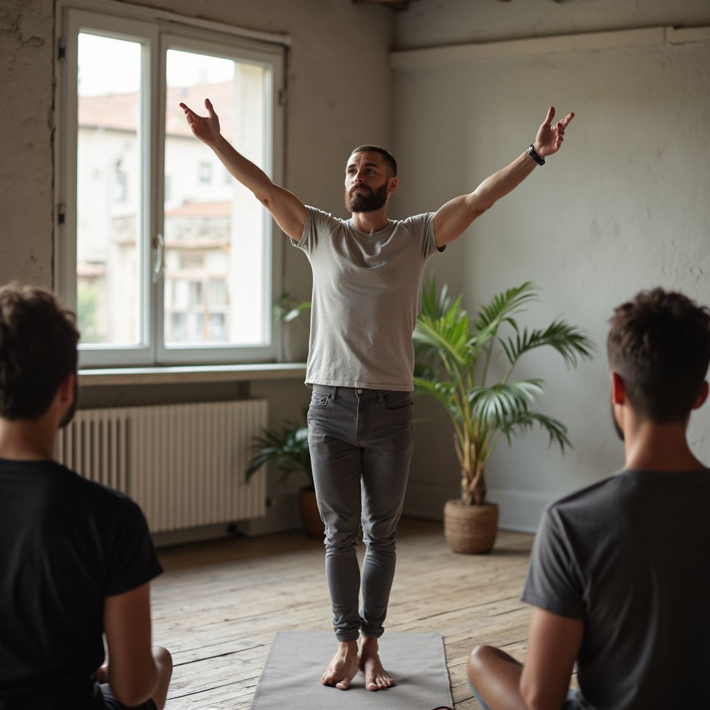 Man with arms raised, teaching yoga to two people seated on mats. Room with windows and plants.