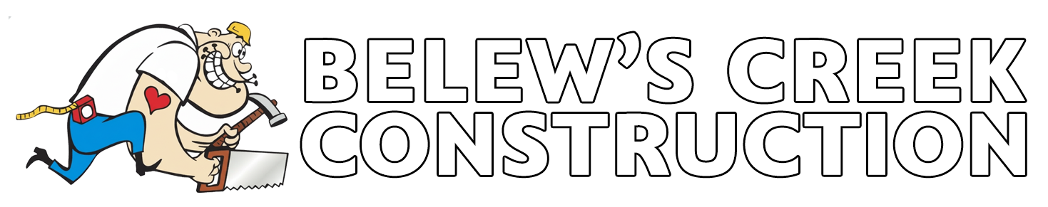 Cartoon man swinging a hammer at a wooden block; company logo 