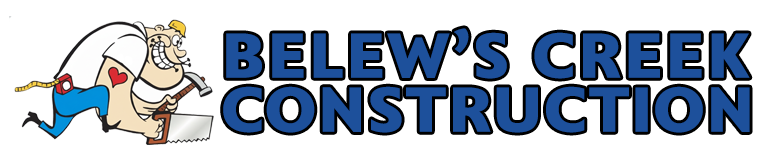Logo for Belew's Creek Construction featuring a cartoon construction worker hammering a wood block. Dark blue text.