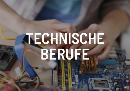Eine Person arbeitet an einem Motherboard, über dem die Worte „technische Berufe“ stehen