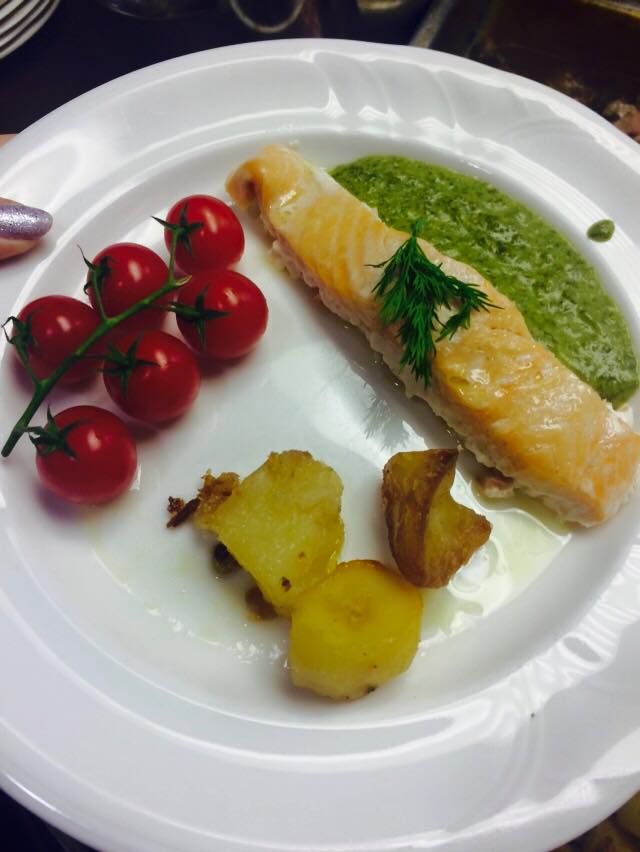 Poached salmon with watercress sauce