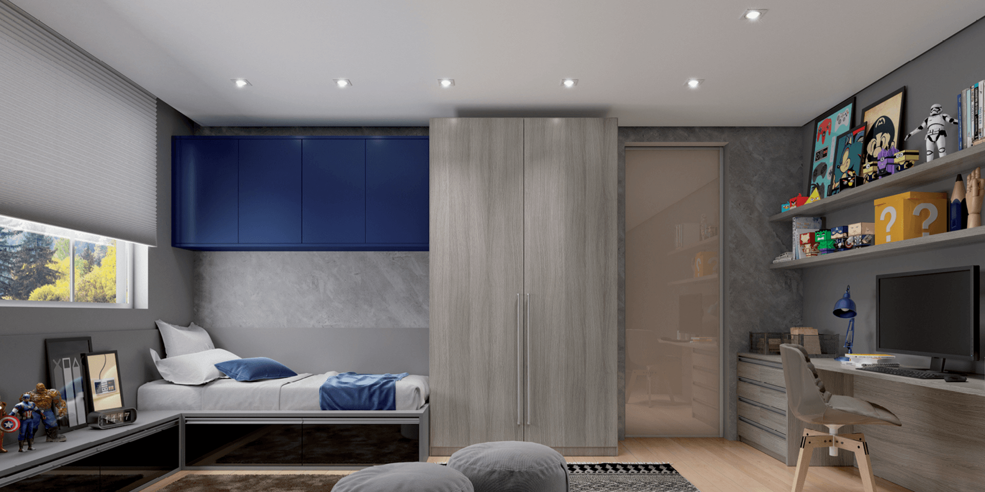 Un dormitorio con cama, cómoda, escritorio y televisión.