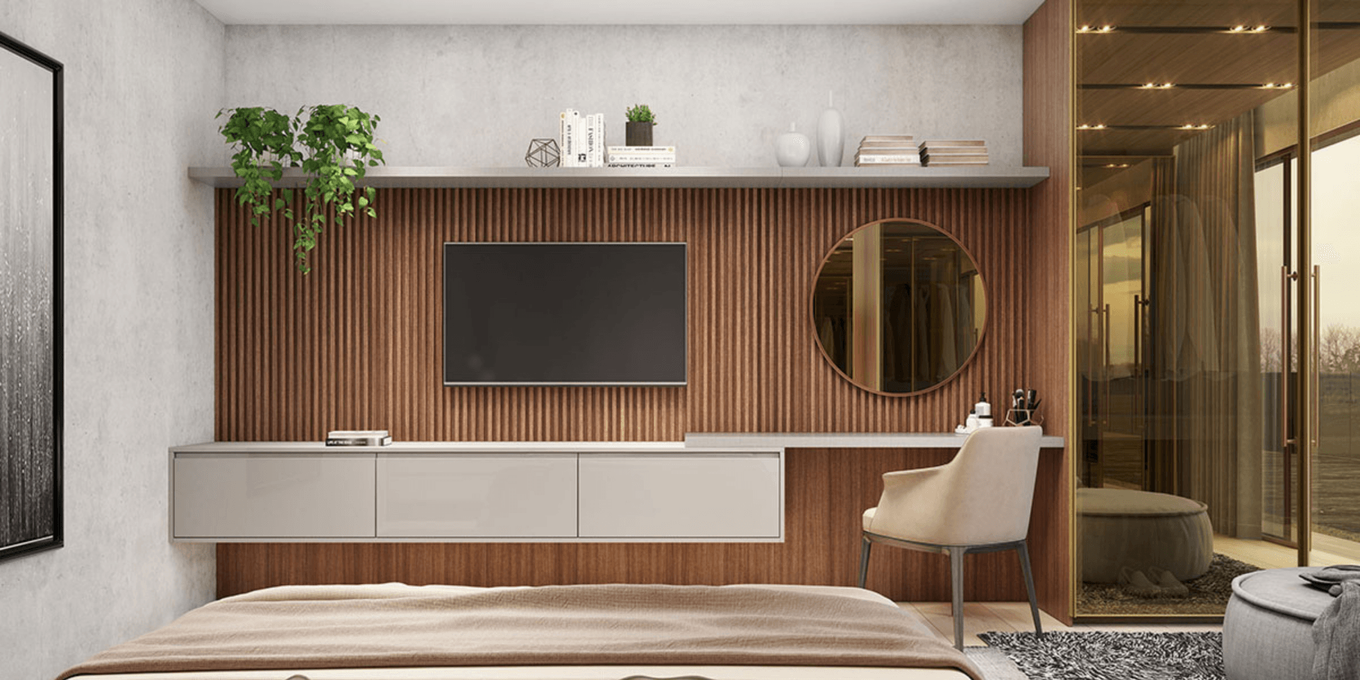 Un dormitorio con cama, televisión, escritorio y espejo.