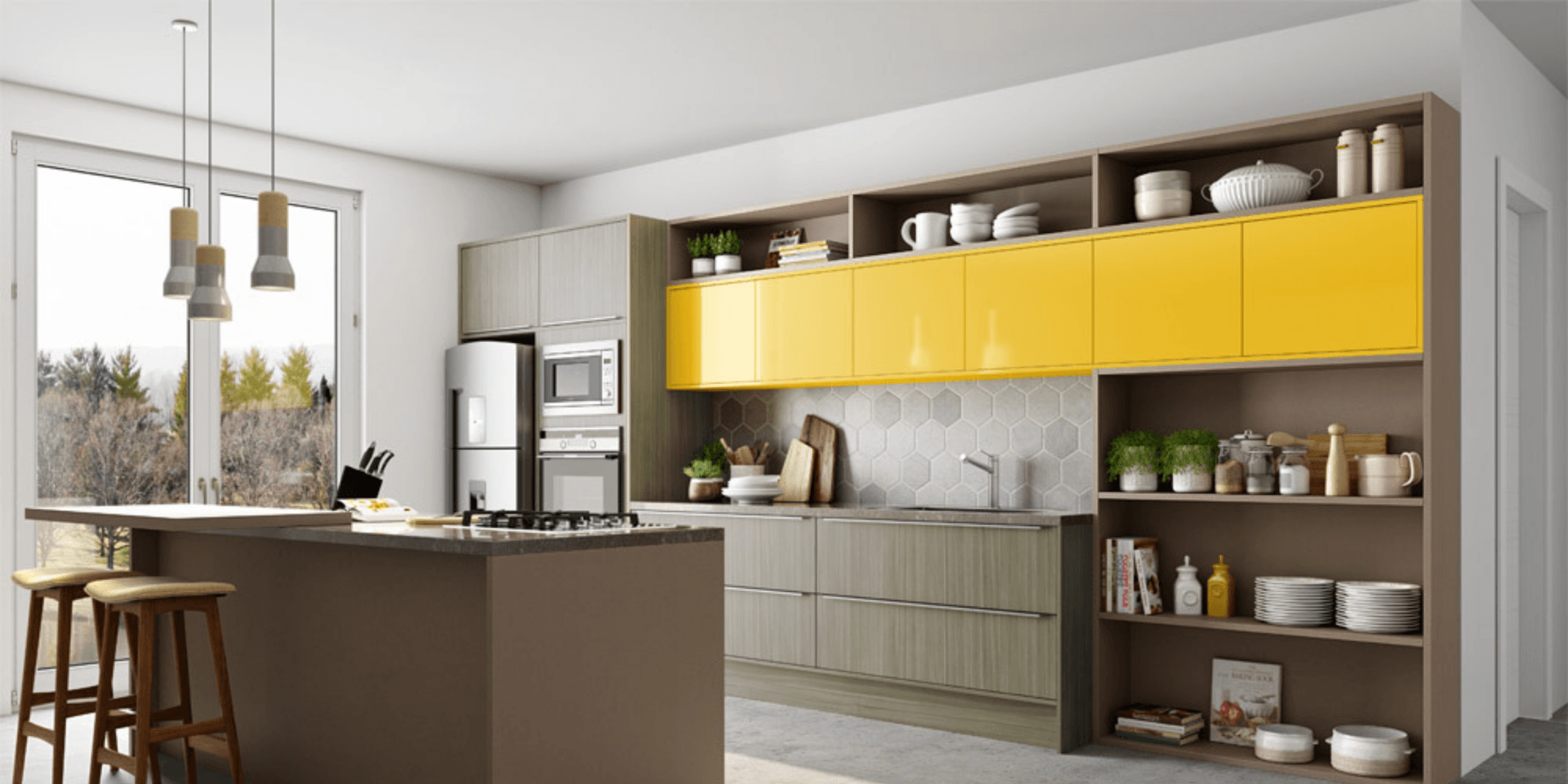 Una cocina con gabinetes amarillos y una isla grande.