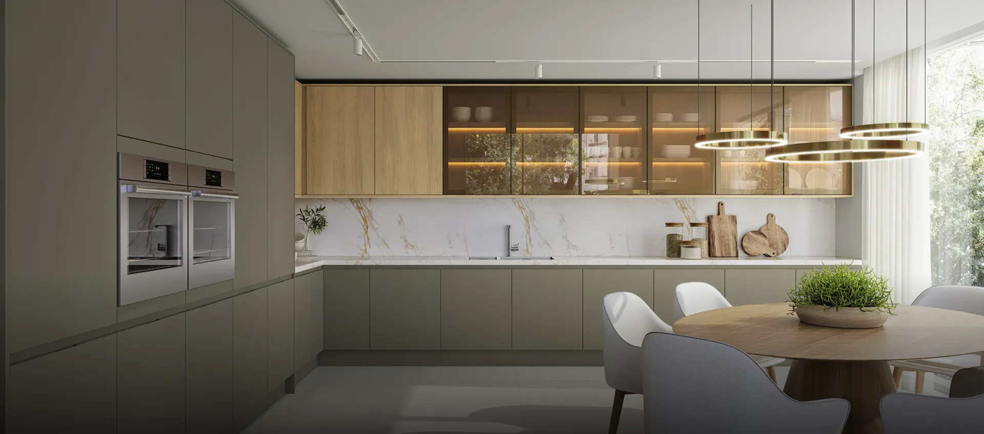 Cocina moderna minimalista con gabinetes de madera, salpicadero de mármol, isla y mesa de comedor.
